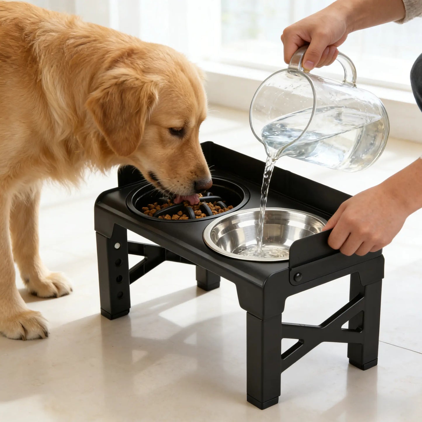 Elevated Dog Bowls, Spill-Proof with Guardrail, Raised Pet Feeder with Fence, Equipped with 1 Slow Feeder Bowl and 2 Stainless Steel Bowls, 5-Height Adjustable Raised Dog Bowl Stand Outdoorfun