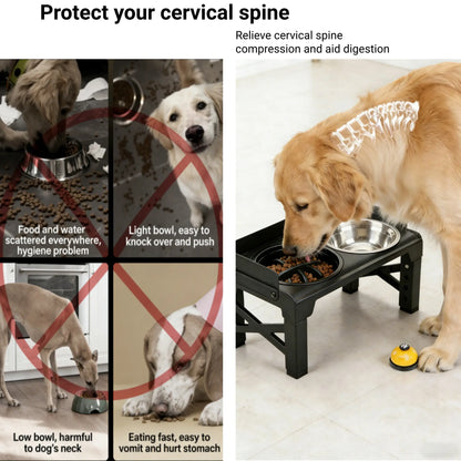 Elevated Dog Bowls, Spill-Proof with Guardrail, Raised Pet Feeder with Fence, Equipped with 1 Slow Feeder Bowl and 2 Stainless Steel Bowls, 5-Height Adjustable Raised Dog Bowl Stand Outdoorfun