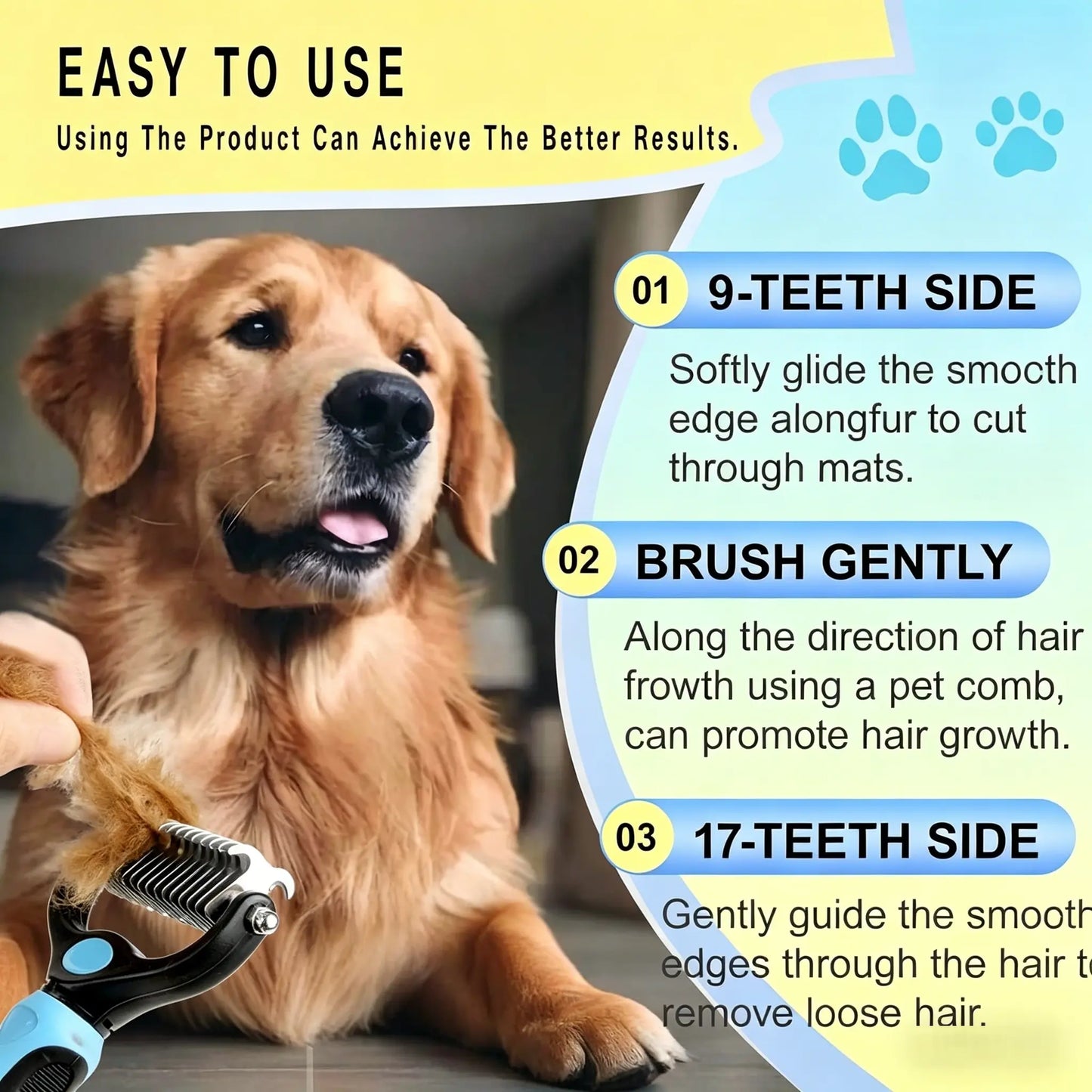 Pet Detangling Comb, Double-Sided Grooming Brush for Dogs & Cats, One-Click Clean Undercoat Rake for Shedding Mats