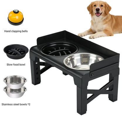 Elevated Dog Bowls, Spill-Proof with Guardrail, Raised Pet Feeder with Fence, Equipped with 1 Slow Feeder Bowl and 2 Stainless Steel Bowls, 5-Height Adjustable Raised Dog Bowl Stand Outdoorfun