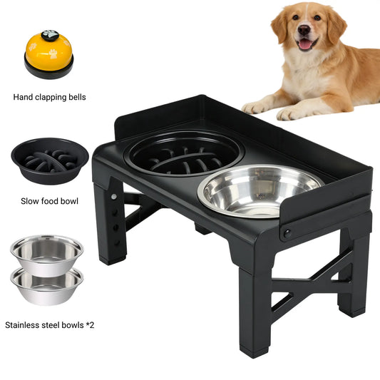 Elevated Dog Bowls, Spill-Proof with Guardrail, Raised Pet Feeder with Fence, Equipped with 1 Slow Feeder Bowl and 2 Stainless Steel Bowls, 5-Height Adjustable Raised Dog Bowl Stand Outdoorfun