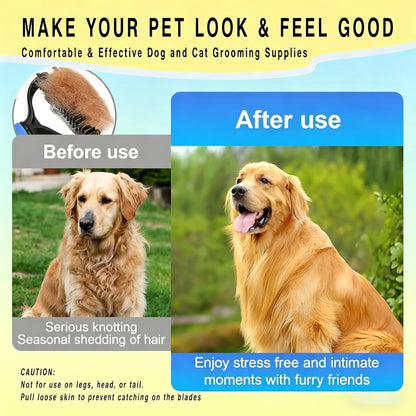 Pet Detangling Comb, Double-Sided Grooming Brush for Dogs & Cats, One-Click Clean Undercoat Rake for Shedding Mats