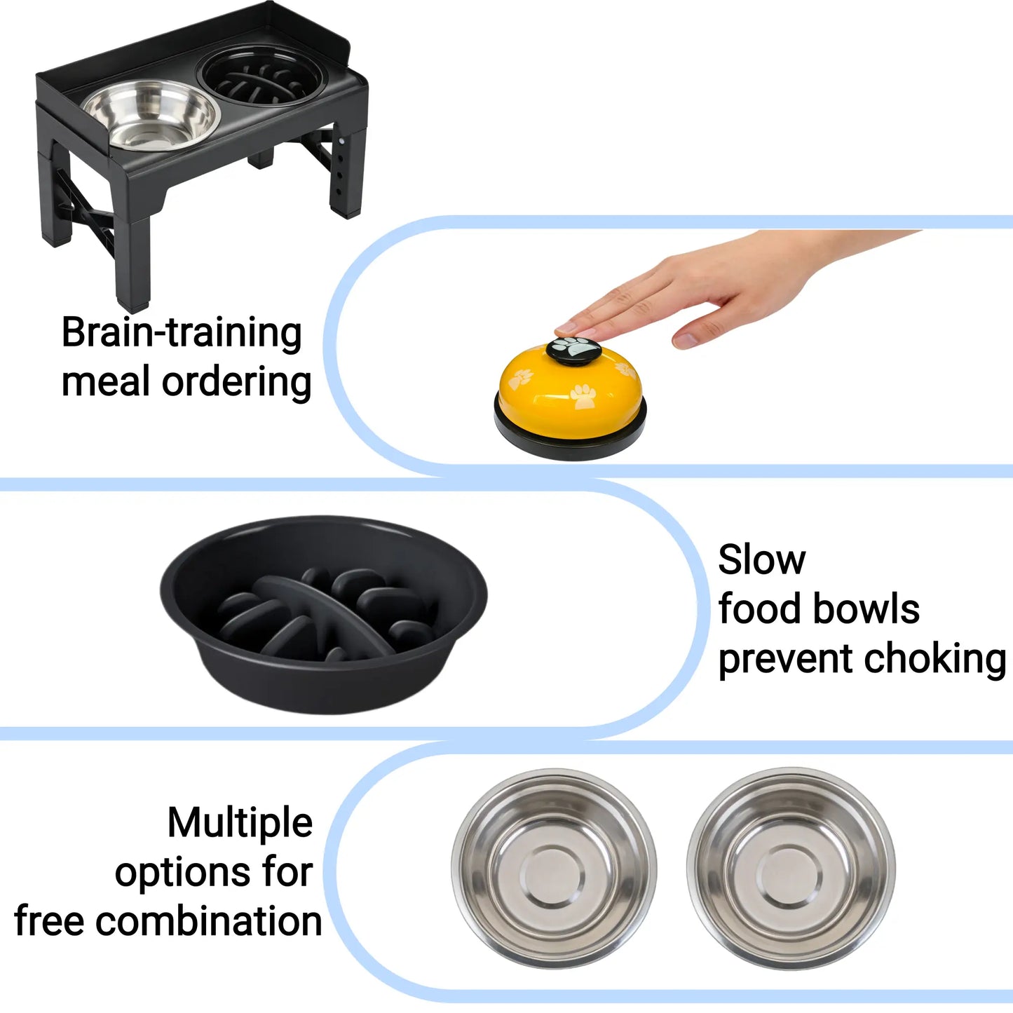 Elevated Dog Bowls, Spill-Proof with Guardrail, Raised Pet Feeder with Fence, Equipped with 1 Slow Feeder Bowl and 2 Stainless Steel Bowls, 5-Height Adjustable Raised Dog Bowl Stand Outdoorfun