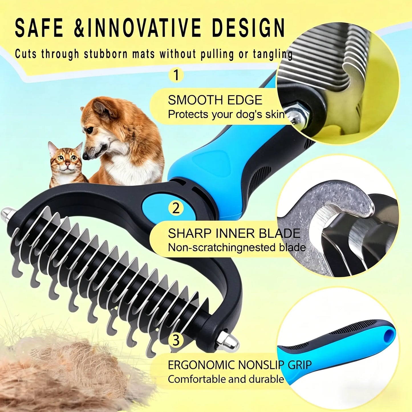 Pet Detangling Comb, Double-Sided Grooming Brush for Dogs & Cats, One-Click Clean Undercoat Rake for Shedding Mats