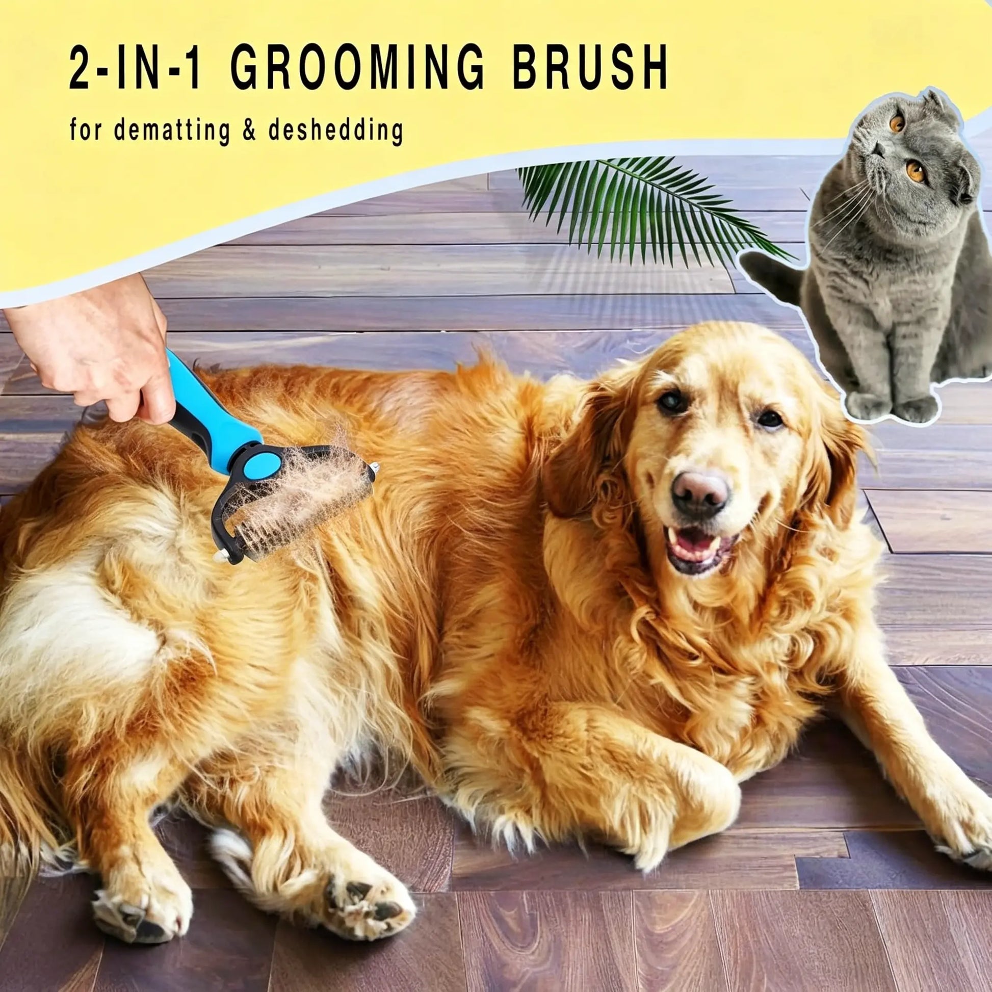 Pet Detangling Comb, Double-Sided Grooming Brush for Dogs & Cats, One-Click Clean Undercoat Rake for Shedding Mats