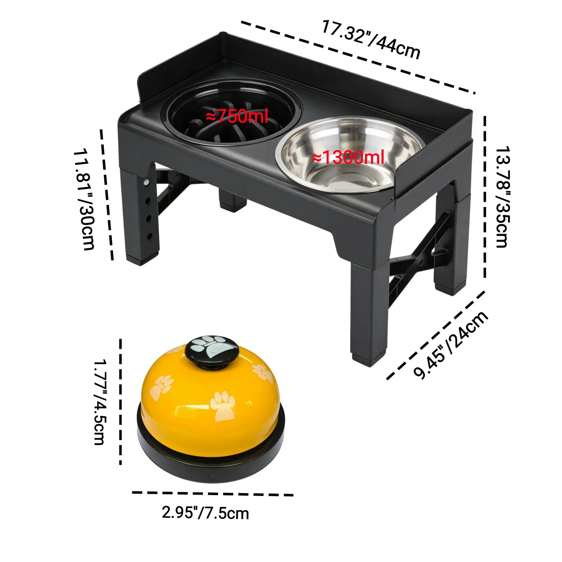 Elevated Dog Bowls, Spill-Proof with Guardrail, Raised Pet Feeder with Fence, Equipped with 1 Slow Feeder Bowl and 2 Stainless Steel Bowls, 5-Height Adjustable Raised Dog Bowl Stand Outdoorfun