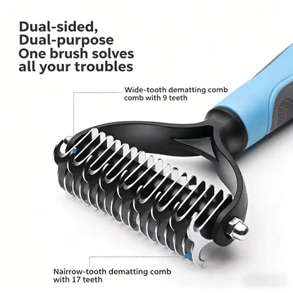 Pet Detangling Comb, Double-Sided Grooming Brush for Dogs & Cats, One-Click Clean Undercoat Rake for Shedding Mats